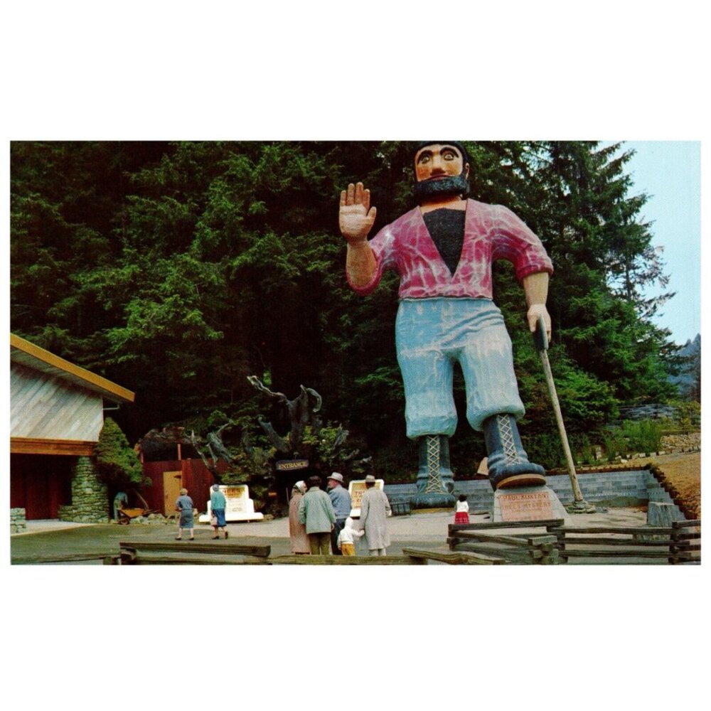 Postcard Chrome era Paul Bunyan 49 foot statue Trees of mystery shrine redwood